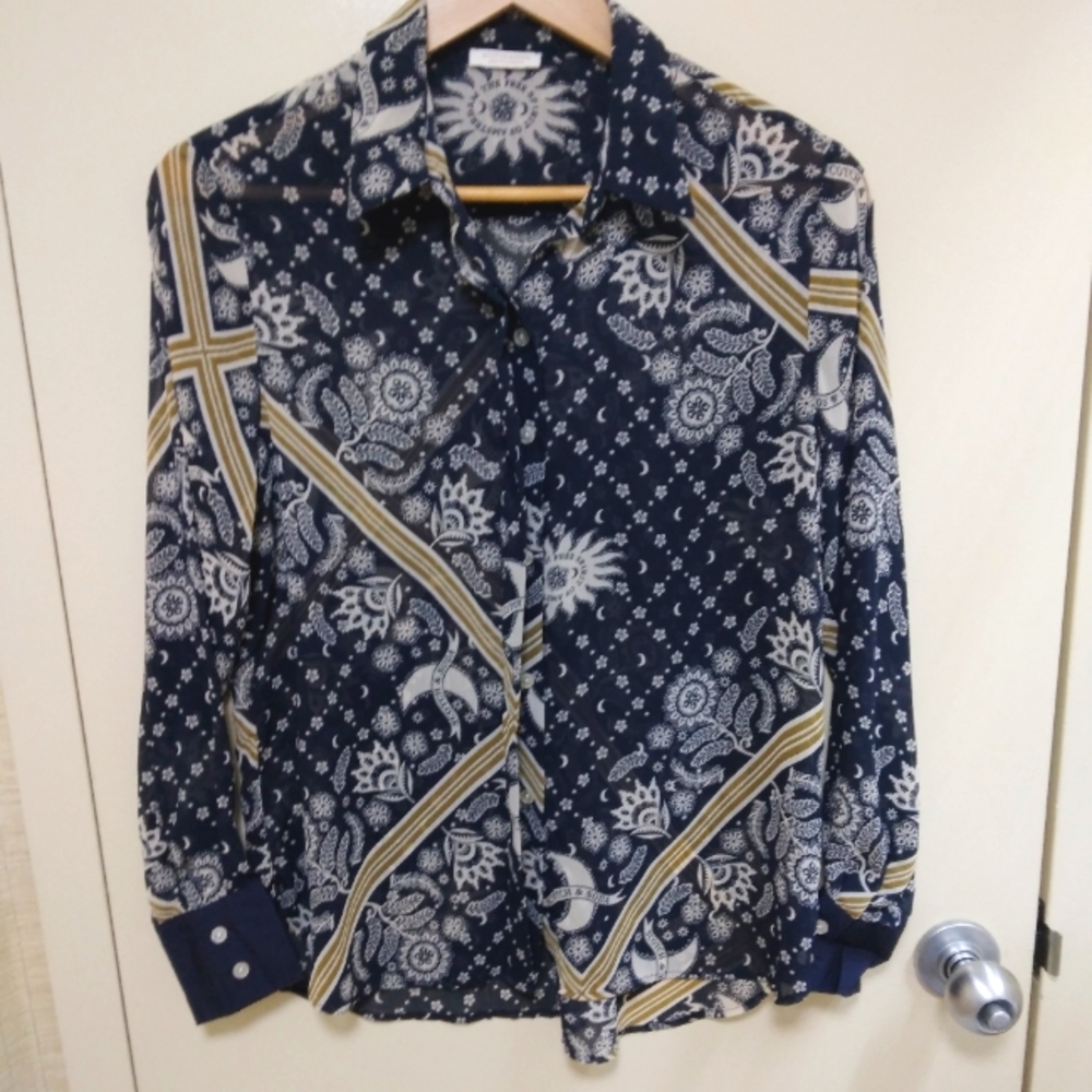 💕Scotch & Soda, Size XS Navy Blue Pattern, Semi-Sheer Button Front Blouse 👚 💕